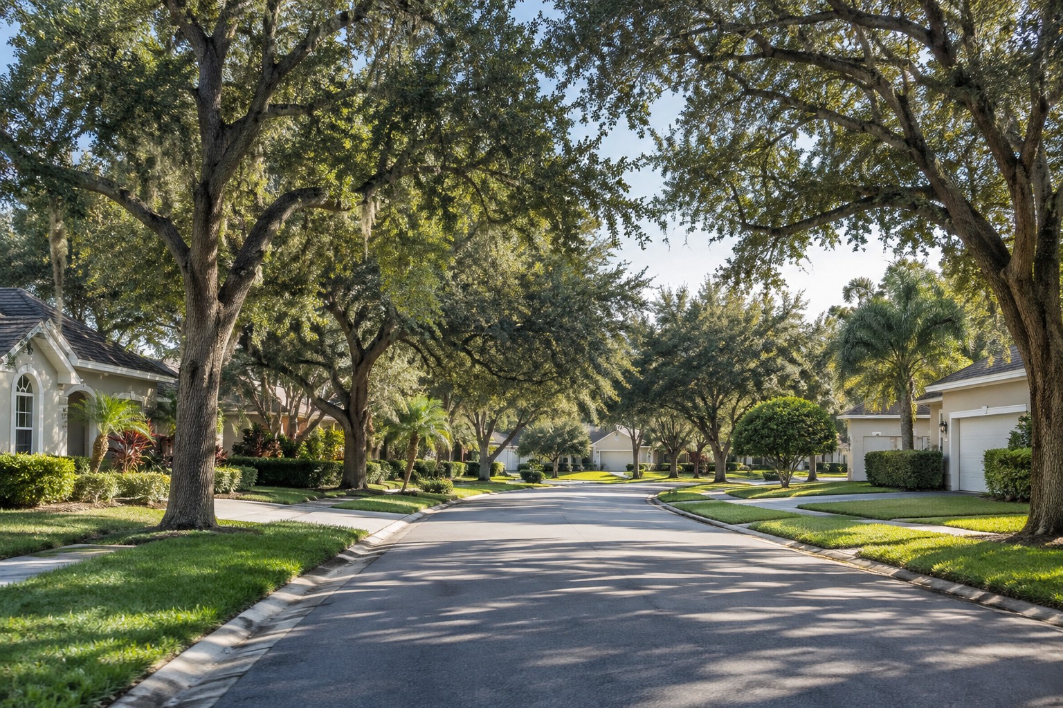 A Central Florida residential street with oak trees, illustrative