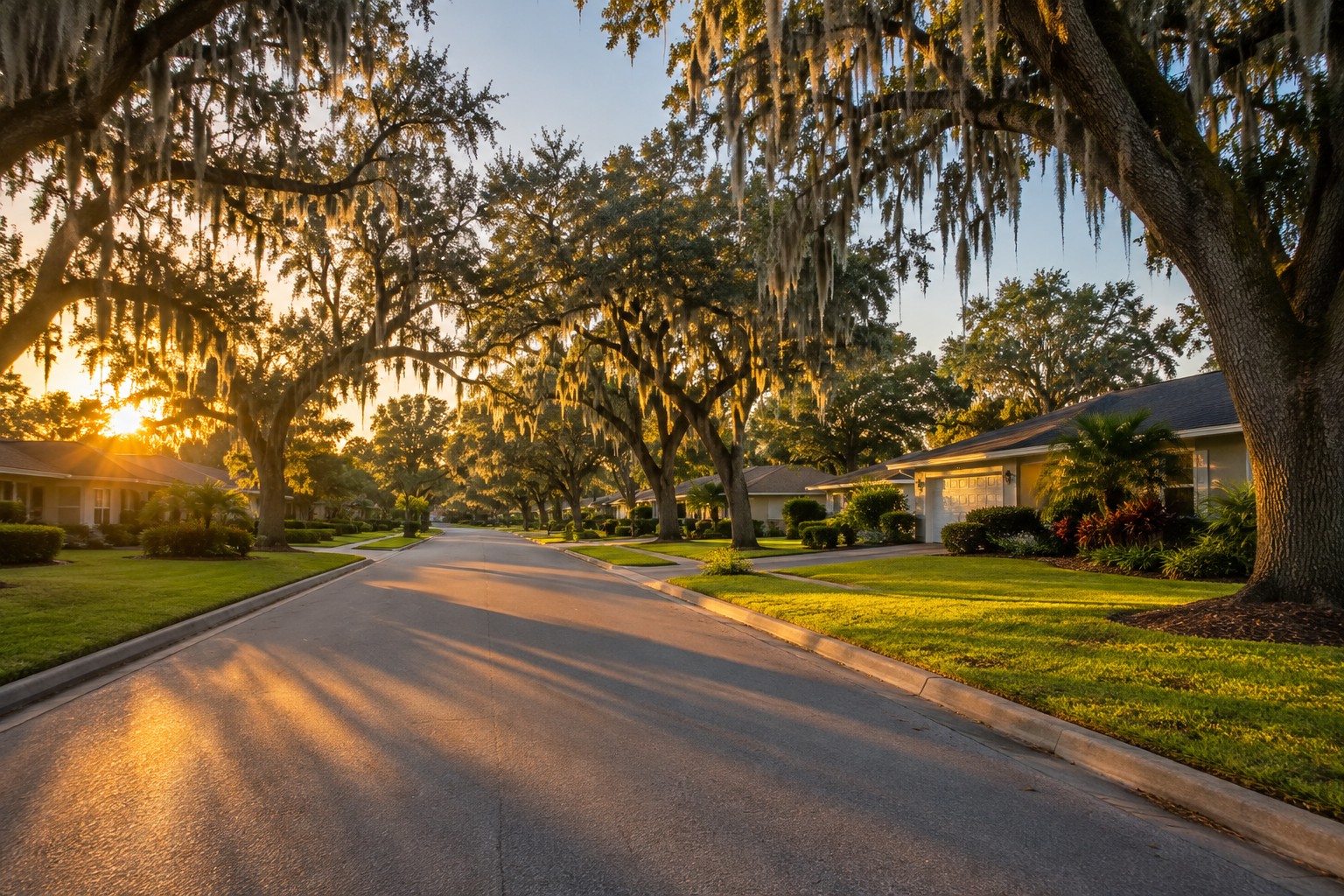 A Central Florida neighborhood street lined with oak trees at golden hour, illustrative
