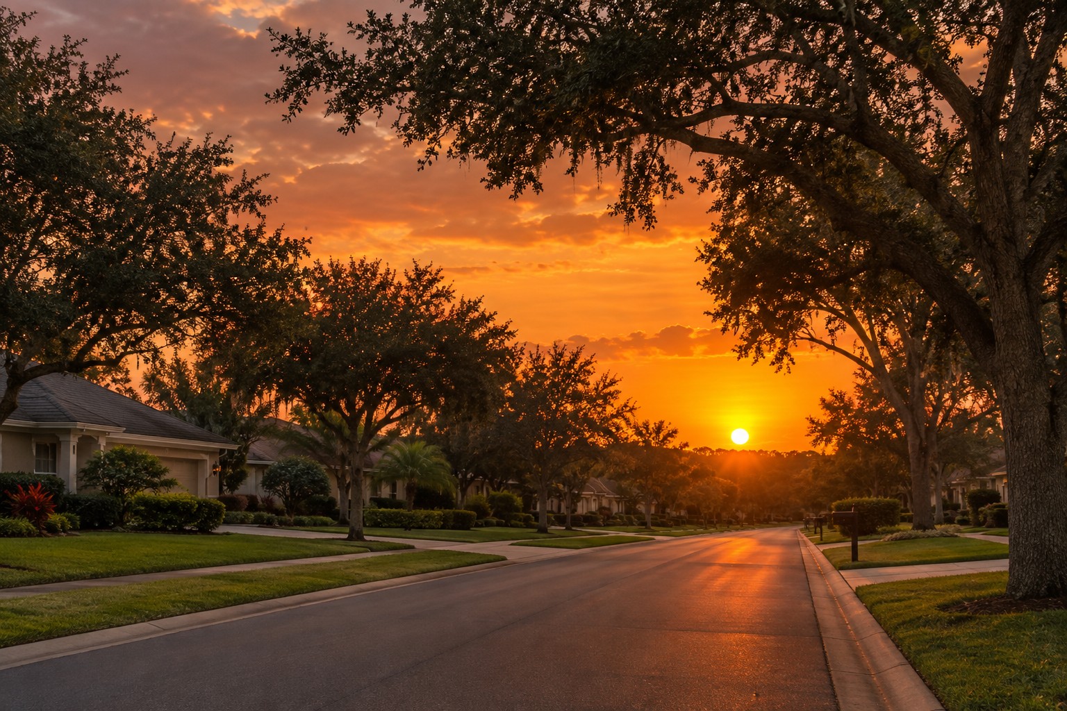 A Central Florida street at sunset, illustrative