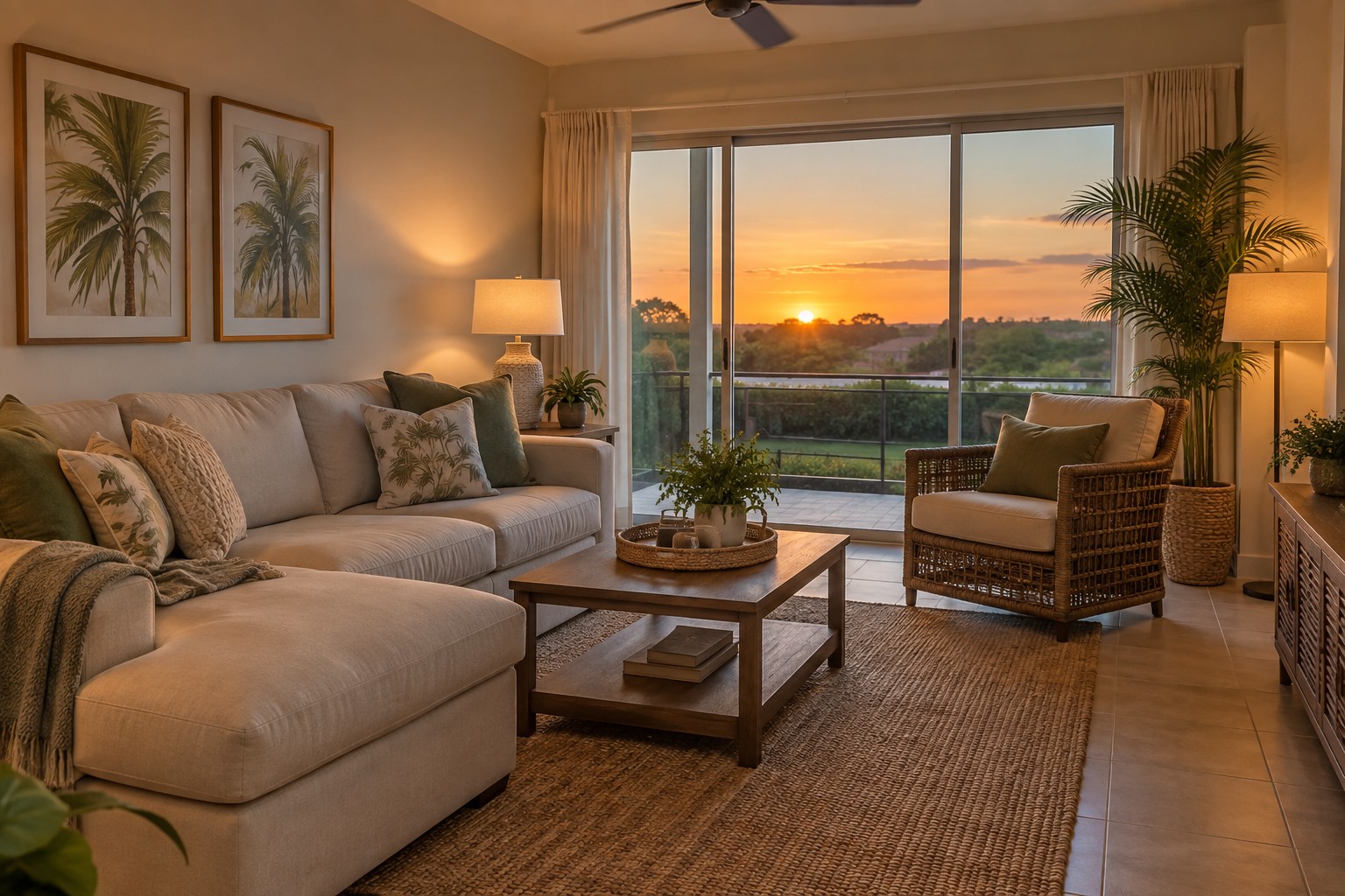 A cozy Central Florida living room, illustrative